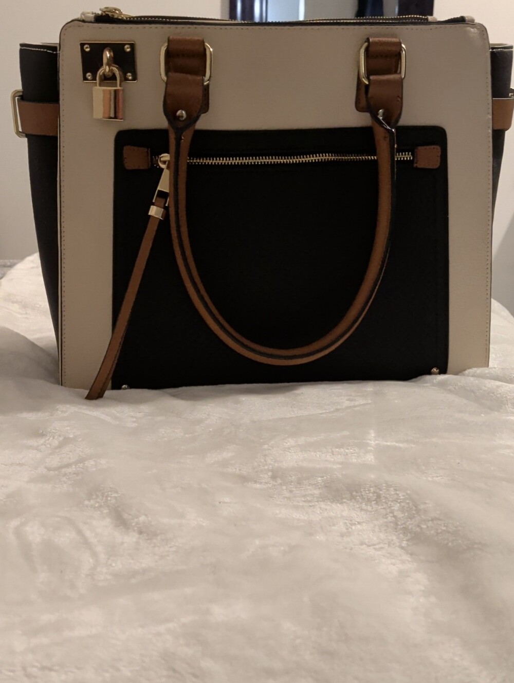 Luca Ferri Cream, Black & Cognac Large Satchel Bag